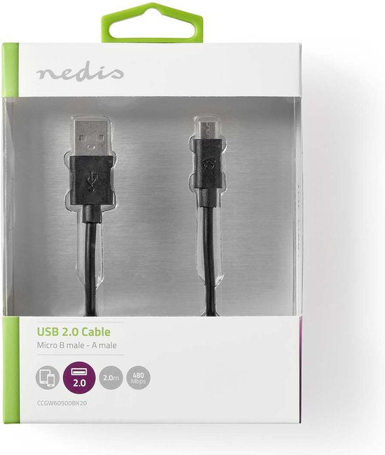 USB-Kabel - USB 2.0 - USB-A Male - USB Micro-B Male - 12 W - 480 Mbps - Vernikkeld - 2.00 m - Rond - PVC - Zwart - Doos - afbeelding 3