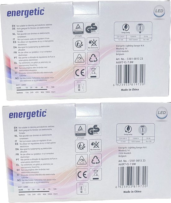 6 stuks (2 x 3) Energetic Filament LED lamp A60 (peer model) warm wit 7,8 Watt ( 75w ) - afbeelding 2