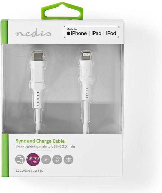 Nedis Lightning Kabel - USB 2.0 - Apple Lightning 8-Pins - USB-C Male - 480 Mbps - Vernikkeld - 1.00 m - Rond - PVC - Wit - Doos - afbeelding 5
