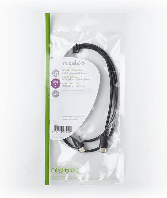 Nedis USB-Kabel - USB 2.0 - USB-C Male - USB-C Male - 60 W - 480 Mbps - Vernikkeld - 1.00 m - Rond - PVC - Zwart - Label - afbeelding 4