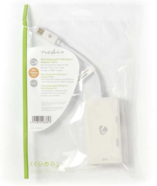 Nedis Mini DisplayPort-Kabel - DisplayPort 1.2 - Mini-DisplayPort Male - DVI-D 24+1-Pins Female / HDMI Input / VGA Female 15p - 21.6 Gbps - Vernikkeld - 0.20 m - Rond - PVC - Wit - Polybag - afbeelding 13