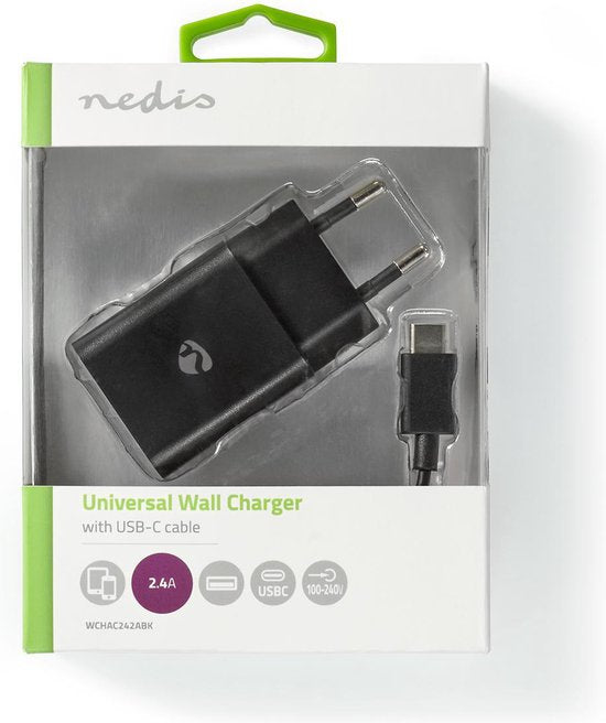 Nedis Oplader - 12 W - 1x 2.4 A - Outputs: 1 - USB-A - USB Type-C (Los) Kabel - 1.00 m - Single Voltage Output - Zwart - afbeelding 2