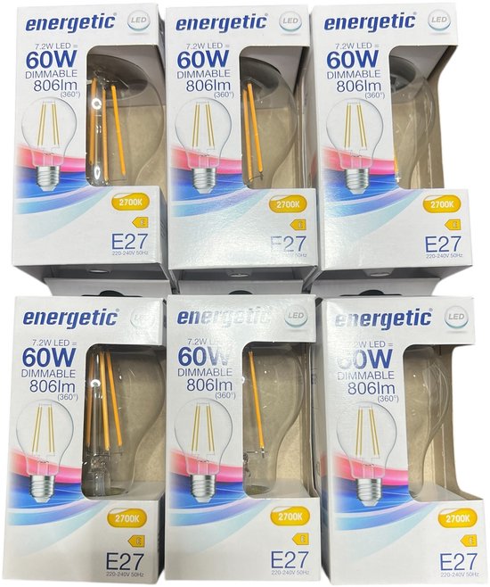 6 x Heldere LED Lamp A60 ( Peertje) E27 Helder glas , wit licht 2700K 806 lumen 7,2 Watt ( voorheen 60 watt) Dimbaar - afbeelding 2