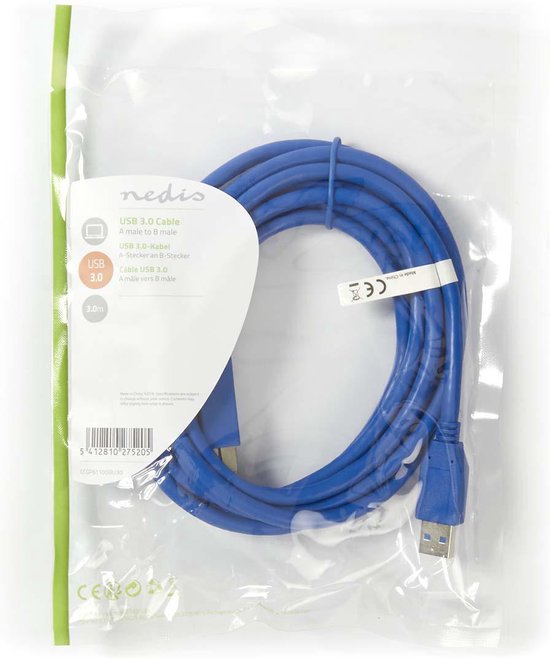 Nedis USB-Kabel - USB 3.2 Gen 1 - USB-A Male - USB-B Male - 5 Gbps - Vernikkeld - 3.00 m - Rond - PVC - Blauw - Envelop - afbeelding 3