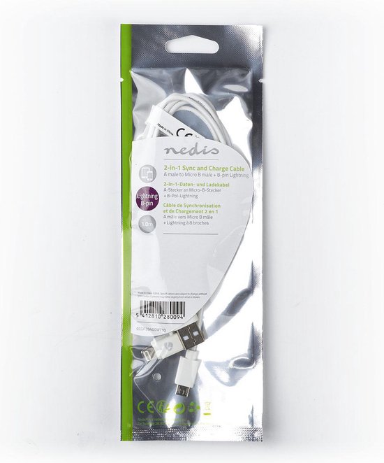 Nedis 2-in-1-Kabel - USB 2.0 - USB-A Male - Apple Lightning 8-Pins / USB Micro-B Male - 480 Mbps - 1.00 m - Vernikkeld - Rond - PVC - Wit - Polybag - afbeelding 2