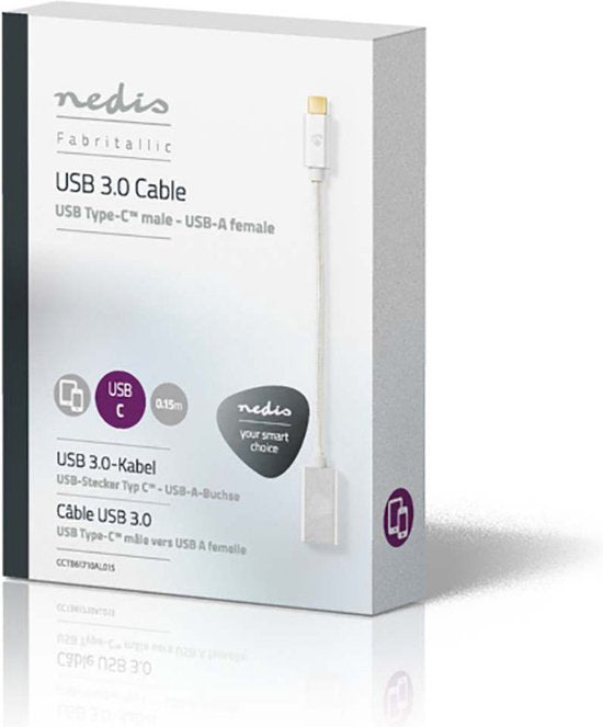 Nedis USB-C Adapter - USB 3.2 Gen 1 - USB-C Male - USB-A Female - 5 Gbps - 0.20 m - Rond - Verguld - Gevlochten / Nylon - Zilver - Cover Window Box - afbeelding 5