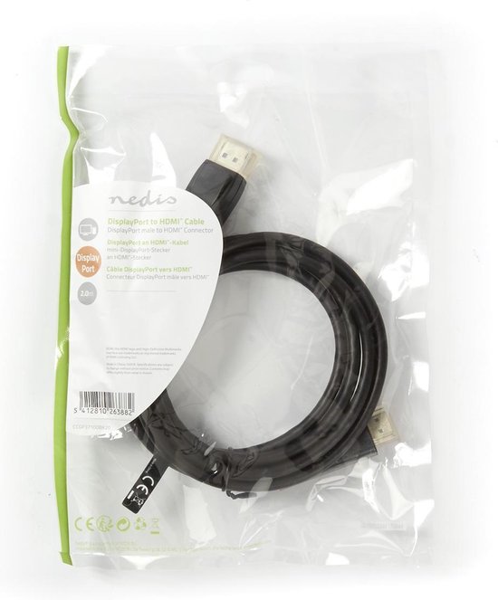 Nedis DisplayPort-Kabel - DisplayPort Male - HDMI Connector - 1080p - Vernikkeld - 2.00 m - Rond - PVC - Zwart - Envelop - afbeelding 8