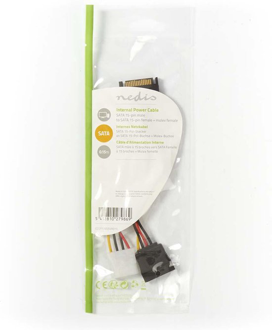 Nedis Interne Voedingskabel - SATA 15-Pins Male - Molex Female / SATA 15-Pins Female - Verguld - 0.20 m - Rond - PVC - Multicolour - Envelop - afbeelding 2