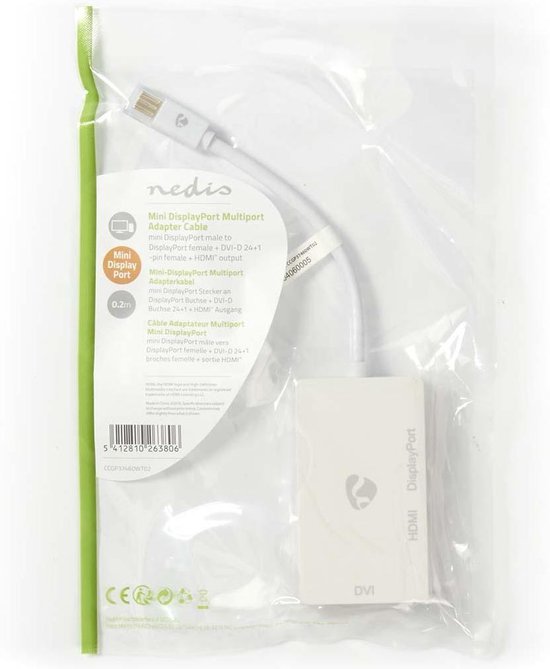 Nedis Mini DisplayPort-Kabel - DisplayPort 1.2 - Mini-DisplayPort Male - DisplayPort Female / DVI-D 24+1-Pins Female / HDMI Input - 21.6 Gbps - Vernikkeld - 0.20 m - Rond - PVC - Wit - Polybag - afbeelding 16