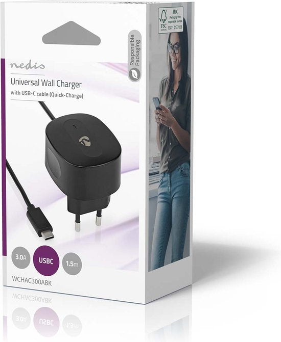Nedis - W - 1x 3.0 A - Outputs: 1 - USB-C Kabel - m - Single Voltage Output - afbeelding 2
