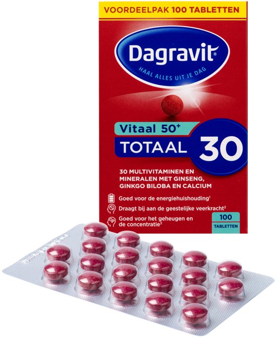 Dagravit Totaal 30 Vitaal 50+ Multivitaminen voordeelverpakking - Vitamine B1, B2, B3, B5, B6, B12 en koper dragen bij aan een goede energiehuishouding - 100 tabletten - afbeelding 17
