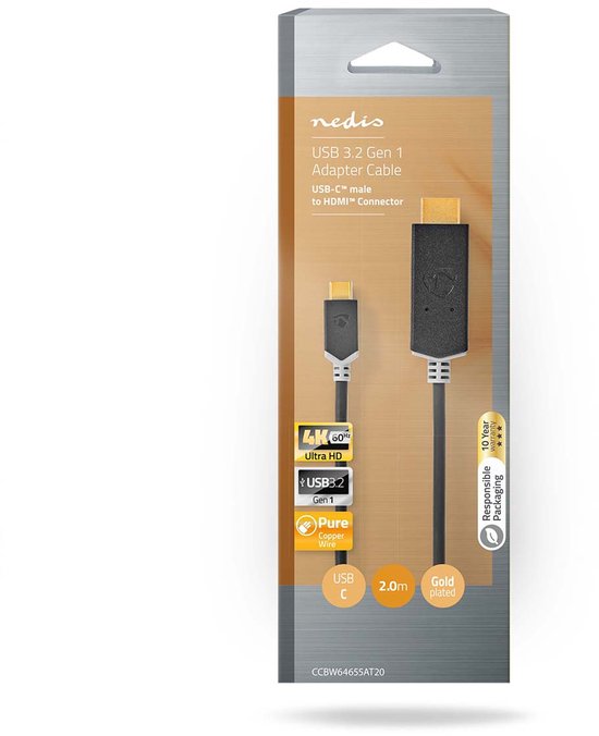 Nedis USB-C Adapter - USB 3.2 Gen 1 - USB-C Male - HDMI Connector - 4K@60Hz - 2.00 m - Rond - Verguld - PVC - Antraciet - Doos - afbeelding 2