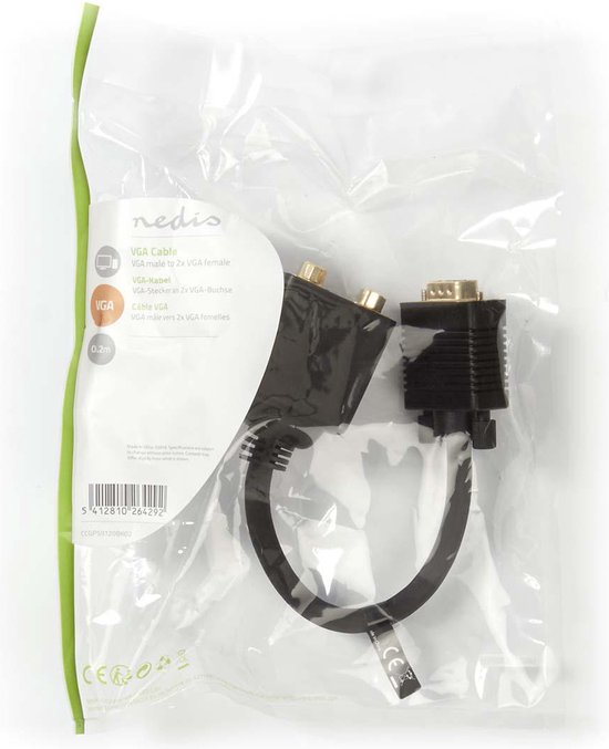 Nedis VGA-Kabel - VGA Male - 2x VGA Female - Verguld - Maximale resolutie: 1280x768 - 0.20 m - Rond - ABS - Zwart - Envelop - afbeelding 3