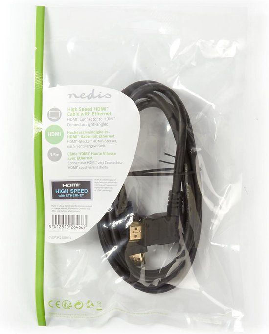 Nedis High Speed ​​HDMI-Kabel met Ethernet - Rechts Gehoekte HDMI Connector - HDMI Connector - 4K@30Hz - 10.2 Gbps - 1.50 m - Rond - PVC - Zwart - Envelop - afbeelding 4