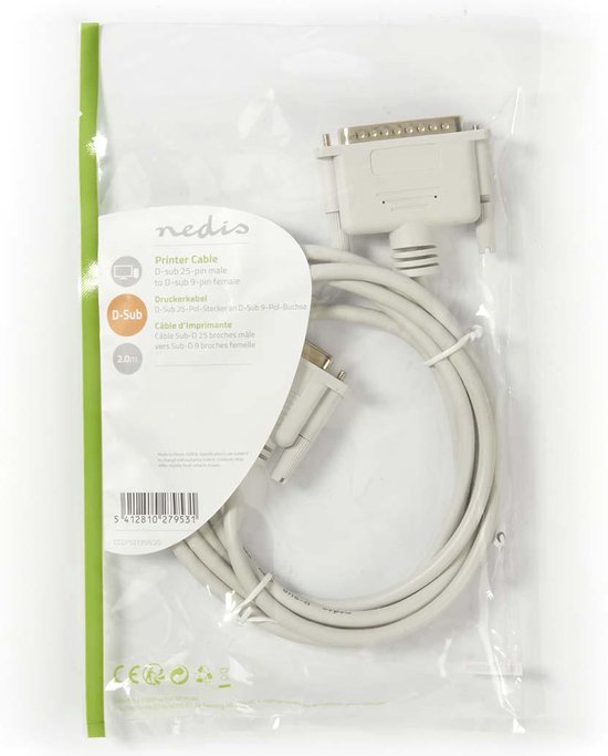 Seriële Kabel - D-SUB 25-Pins Male - D-SUB 9-Pins Female - Vernikkeld - 2.00 m - Rond - PVC - Ivoor - Envelop - afbeelding 2