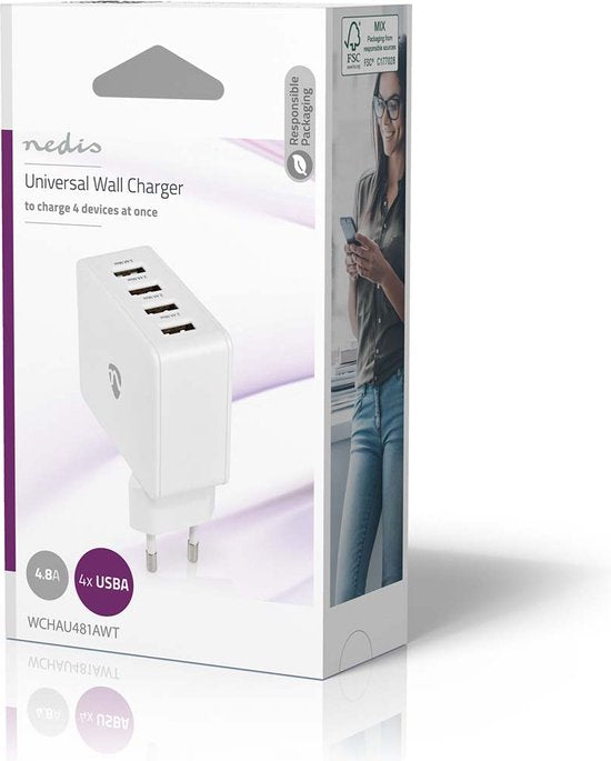 Nedis Oplader - 24 W - 4x 2.4 A - Outputs: 4 - 4x USB-A - Geen Kabel Inbegrepen - Single Voltage Output - Wit - afbeelding 3