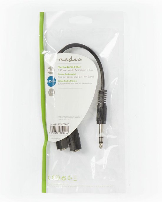Nedis Stereo-Audiokabel - 6,35 mm Male - 2x 6,35 mm Female - Vernikkeld - 0.20 m - Rond - Zwart - Envelop - afbeelding 3
