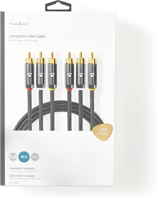 Nedis Composiet Videokabel - 3x RCA Male - 3x RCA Male - Verguld - 480p - 2.00 m - Rond - Katoen - Antraciet / Gun Metal Grijs - Cover Window Box - afbeelding 7
