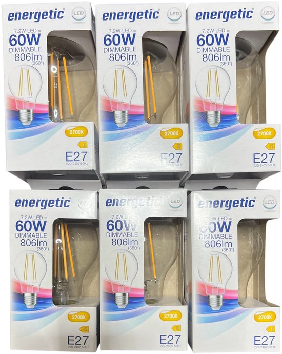 6 x Heldere LED Lamp A60 ( Peertje) E27 Helder glas , wit licht 2700K 806 lumen 7,2 Watt ( voorheen 60 watt) Dimbaar - afbeelding 1
