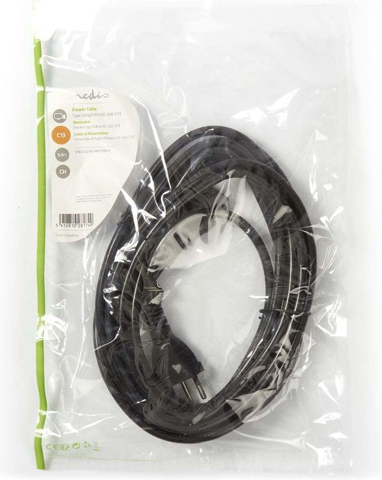 Nedis Stroomkabel - CH Type 12 - IEC-320-C13 - Recht - Recht - Vernikkeld - 5.00 m - Rond - PVC - Zwart - Envelop - afbeelding 2