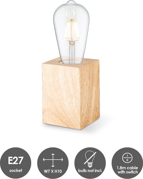 Home Sweet Home - Landelijke tafellamp Eliaz Vierkant - 7/7/10cm - bedlampje - geschikt voor E27 LED lichtbron - gemaakt van Hout - afbeelding 2