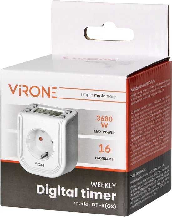 Virone Elektronische Timer Stopcontact – Programmeerbaar tot 7 Dagen – Tijdschakelaar 3680W – Wit - afbeelding 5