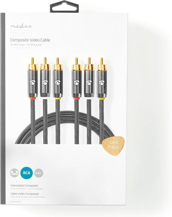 Nedis Composiet Videokabel - 3x RCA Male - 3x RCA Male - Verguld - 480p - 2.00 m - Rond - Katoen - Antraciet / Gun Metal Grijs - Cover Window Box - afbeelding 9
