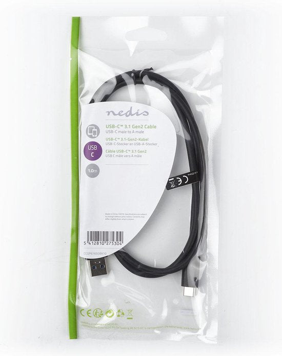 Nedis USB-Kabel - USB 3.2 Gen 2 - USB-A Male - USB-C Male - 60 W - 10 Gbps - Vernikkeld - 1.00 m - Rond - PVC - Zwart - Label - afbeelding 4