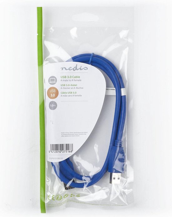 USB-Kabel - USB 3.2 Gen 1 - USB-A Male - USB-A Female - 5 Gbps - Vernikkeld - 1.00 m - Rond - PVC - Blauw - Polybag - afbeelding 2