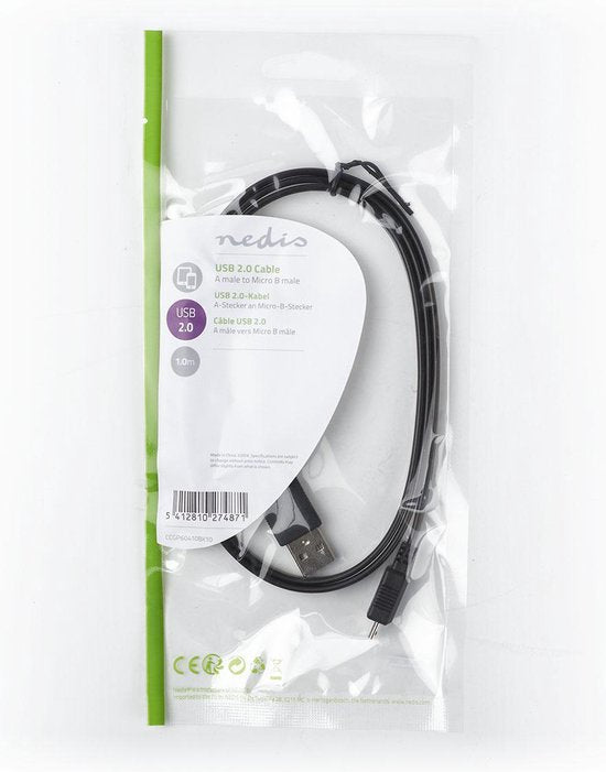 Nedis USB-Kabel - USB 2.0 - USB-A Male - USB Micro-B Male - 480 Mbps - Vernikkeld - 1.00 m - Plat - PVC - Zwart - Envelop - afbeelding 3