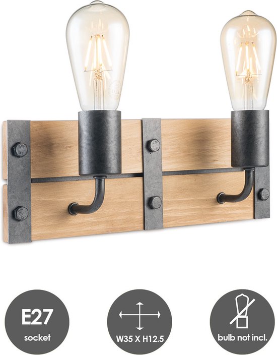 Home Sweet Home - Industriële Wandlamp Denton - Muurlamp gemaakt van hout - Antraciet - 35/11/13cm - wandlamp geschikt voor woonkamer, slaapkamer- - afbeelding 2