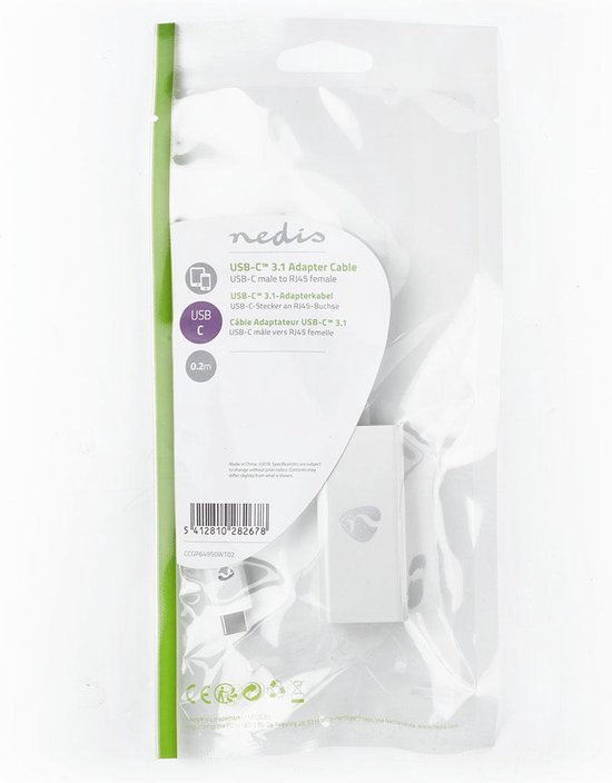 Nedis USB-netwerkadapter - USB 3.2 Gen 1 - 1000 Mbps - USB-C Male - RJ45 Female - 0.20 m - Rond - Vernikkeld - Vertind-Koper - Wit - Envelop - afbeelding 4