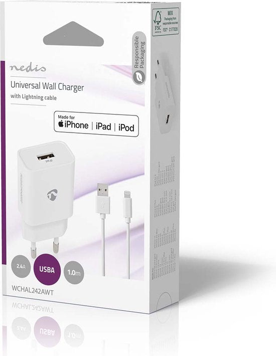 Nedis Oplader - 12 W - 1x 2.4 A - Outputs: 1 - USB-A - Lightning 8-Pins (Los) Kabel - 1.00 m - Single Voltage Output - Wit - afbeelding 4