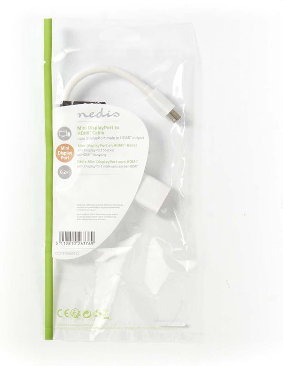 Nedis Mini DisplayPort-Kabel - DisplayPort 1.2 - Mini-DisplayPort Male - HDMI Output - 21.6 Gbps - Vernikkeld - 0.20 m - Rond - PVC - Wit - Polybag - afbeelding 4