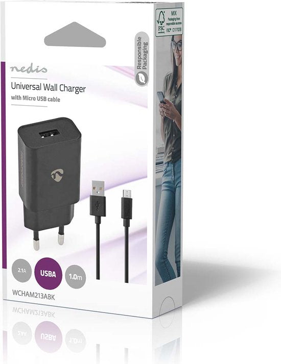Nedis Oplader - 12 W - 1x 2.1 A - Outputs: 1 - USB-A - Micro-USB - 1.00 m - Single Voltage Output - Zwart - afbeelding 3