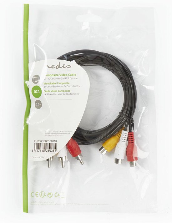 Composite Video Cable | 3x RCA Male - 3x RCA Female | m | Black - afbeelding 11