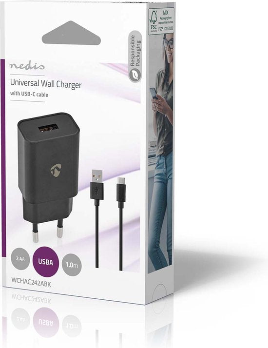 Nedis Oplader - 12 W - 1x 2.4 A - Outputs: 1 - USB-A - USB Type-C (Los) Kabel - 1.00 m - Single Voltage Output - Zwart - afbeelding 4
