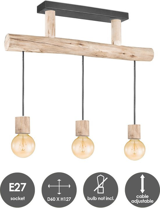 Home Sweet Home - Landelijke Hanglamp Billy - geschikt voor E27 LED lichtbron - 3 lichts hanglamp gemaakt van Hout - 60/18/127cm - Pendellamp - afbeelding 2