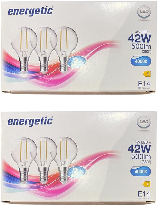 6 Stuks (2 x 3)Energetic Filament lamp 4 w (42 Watt) E14 Helder Wit (4000K) - afbeelding 1