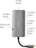 Nedis USB Multi-Port Adapter - 7-in-1 - USB 3.2 Gen 1 - USB-C Male - HDMI Output / Micro SD / RJ45 Female / SD / USB-C Female / 3x USB-A Female - 5 Gbps - 0.20 m - Rond - Verguld - PVC - afbeelding 3
