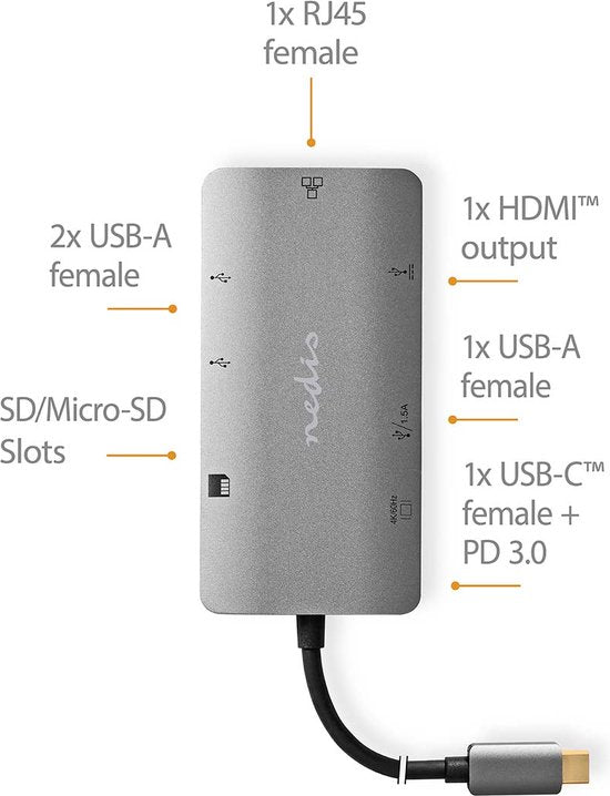 Nedis USB Multi-Port Adapter - 7-in-1 - USB 3.2 Gen 1 - USB-C Male - HDMI Output / Micro SD / RJ45 Female / SD / USB-C Female / 3x USB-A Female - 5 Gbps - 0.20 m - Rond - Verguld - PVC - afbeelding 3
