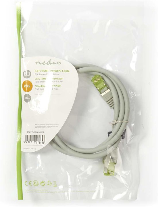 Nedis CAT7 Netwerkkabel - S/FTP - RJ45 Male - RJ45 Male - 1.00 m - Snagless - Rond - LSZH - Grijs - Envelop - afbeelding 2