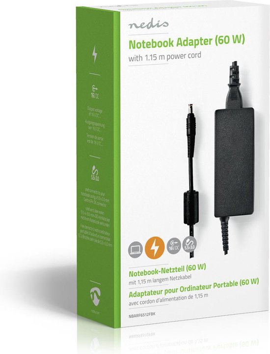 Notebook-Adapter | 60 W | 5,5 x 3,0 mm Center Pin | 16 VDC | 3.75 A | Type-F (CEE 7/7) - afbeelding 2