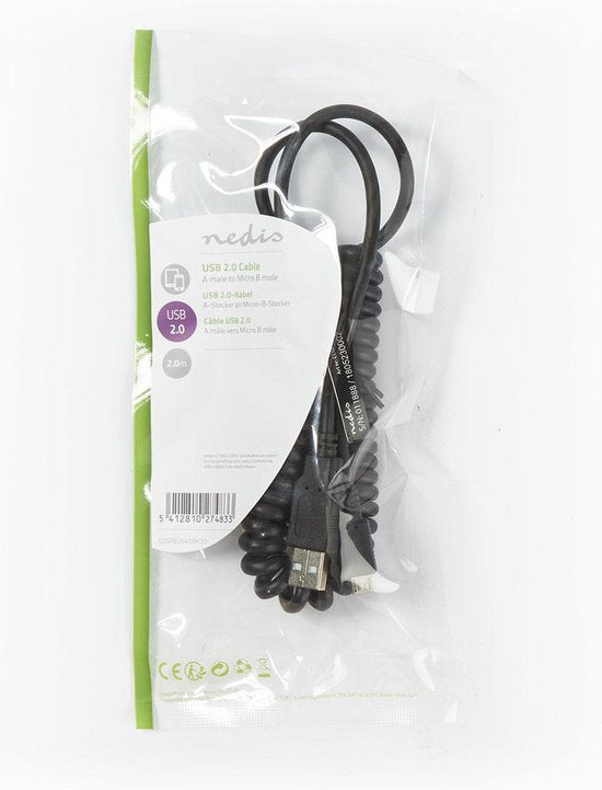 USB-Kabel - USB 2.0 - USB-A Male - USB Micro-B Male - 480 Mbps - Vernikkeld - 2.00 m - Gekruld - PVC - Zwart - Envelop - afbeelding 3