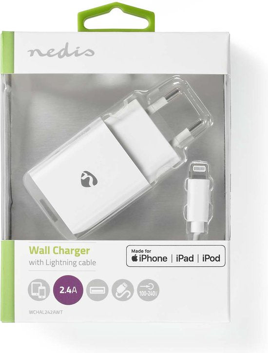 Nedis Oplader - 12 W - 1x 2.4 A - Outputs: 1 - USB-A - Lightning 8-Pins (Los) Kabel - 1.00 m - Single Voltage Output - Wit - afbeelding 9