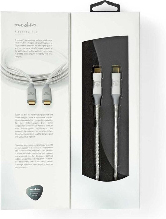 Nedis USB-Kabel - USB 3.2 Gen 2x2 - USB-C Male - USB-C Male - 100 W - 4K@60Hz - 20 Gbps - Verguld - 2.00 m - Rond - Gevlochten / Nylon - Zilver - Cover Window Box - afbeelding 4
