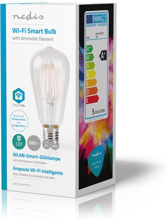 Nedis SmartLife LED Filamentlamp - Wi-Fi - E27 - 500 lm - 5 W - Warm Wit - 2700 - Glas - Android / IOS - ST64 - 1 Stuks - afbeelding 7