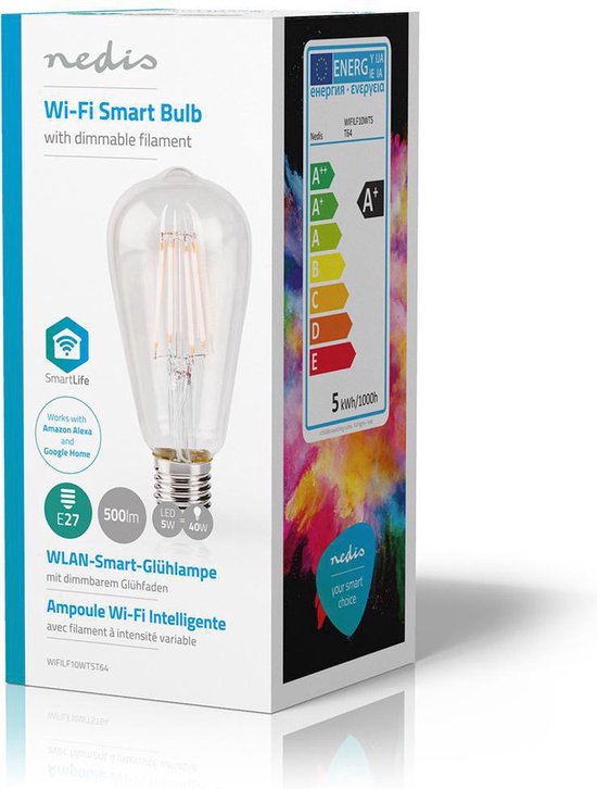 Nedis SmartLife LED Filamentlamp - Wi-Fi - E27 - 500 lm - 5 W - Warm Wit - 2700 - Glas - Android / IOS - ST64 - 1 Stuks - afbeelding 3