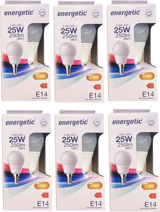 6 x Energetic Led Lamp E 14 Bol Warm Wit 2,9 w (25w) - afbeelding 1