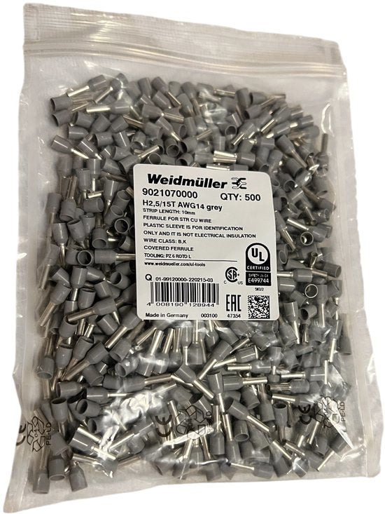 WEIDMULLER H2,5/15T GRIJS Aderhuls T-HULS per 500 art nr: 9021070000 - afbeelding 1